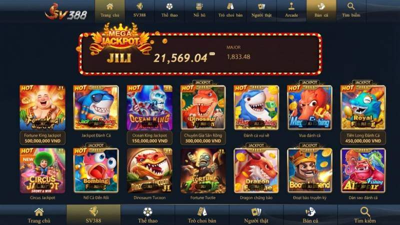 Giao diện sảnh Nổ Hũ SV388 được thiết kế tối ưu, hiển thị rõ ràng mức Jackpot hiện tại của từng trò chơi.